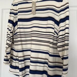 Chico's Cream 3/4 Length Sleeve Striped Top with Navy and Tan